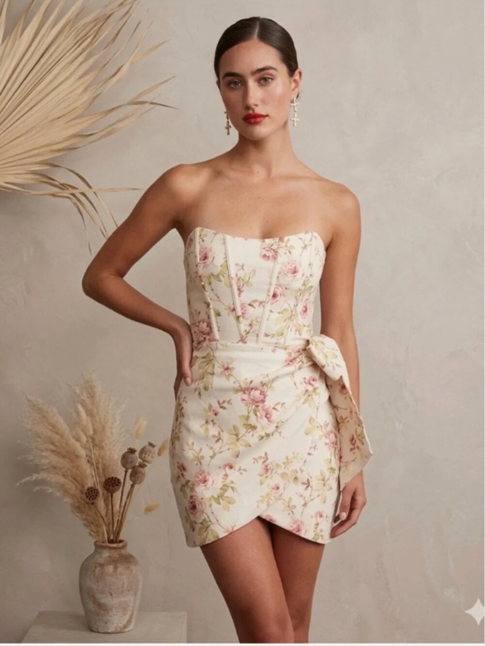 v chapman Floral Strapless Mini corset wrap Dress in Cream and Pink